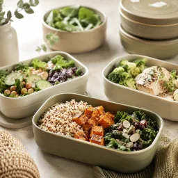 Elegant homemade lunch portions arranged in reusable containers